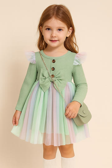 Pastel Mint Ribbed Knit Baby Girl Dress – Long Sleeve Bodice with Multicolor Tulle Dress