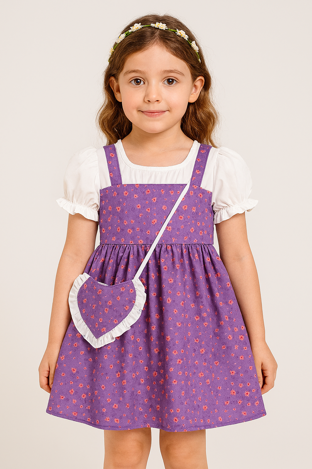 Adorable Purple Floral Print Baby Girl Dress Set – Puff Sleeve White Top with Strappy Frock - Inayah Fashion
