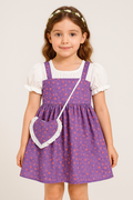Adorable Purple Floral Print Baby Girl Dress Set – Puff Sleeve White Top with Strappy Frock - Inayah Fashion