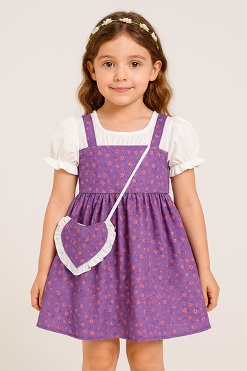 Adorable Purple Floral Print Baby Girl Dress Set – Puff Sleeve White Top with Strappy Frock - Inayah Fashion