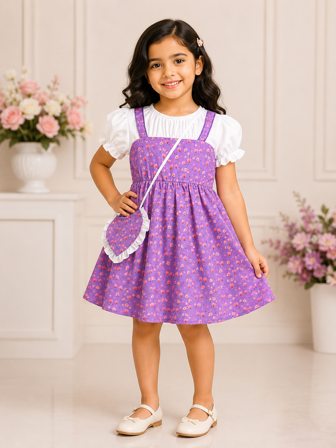Purple floral print baby girl dress set with puff-sleeve white top