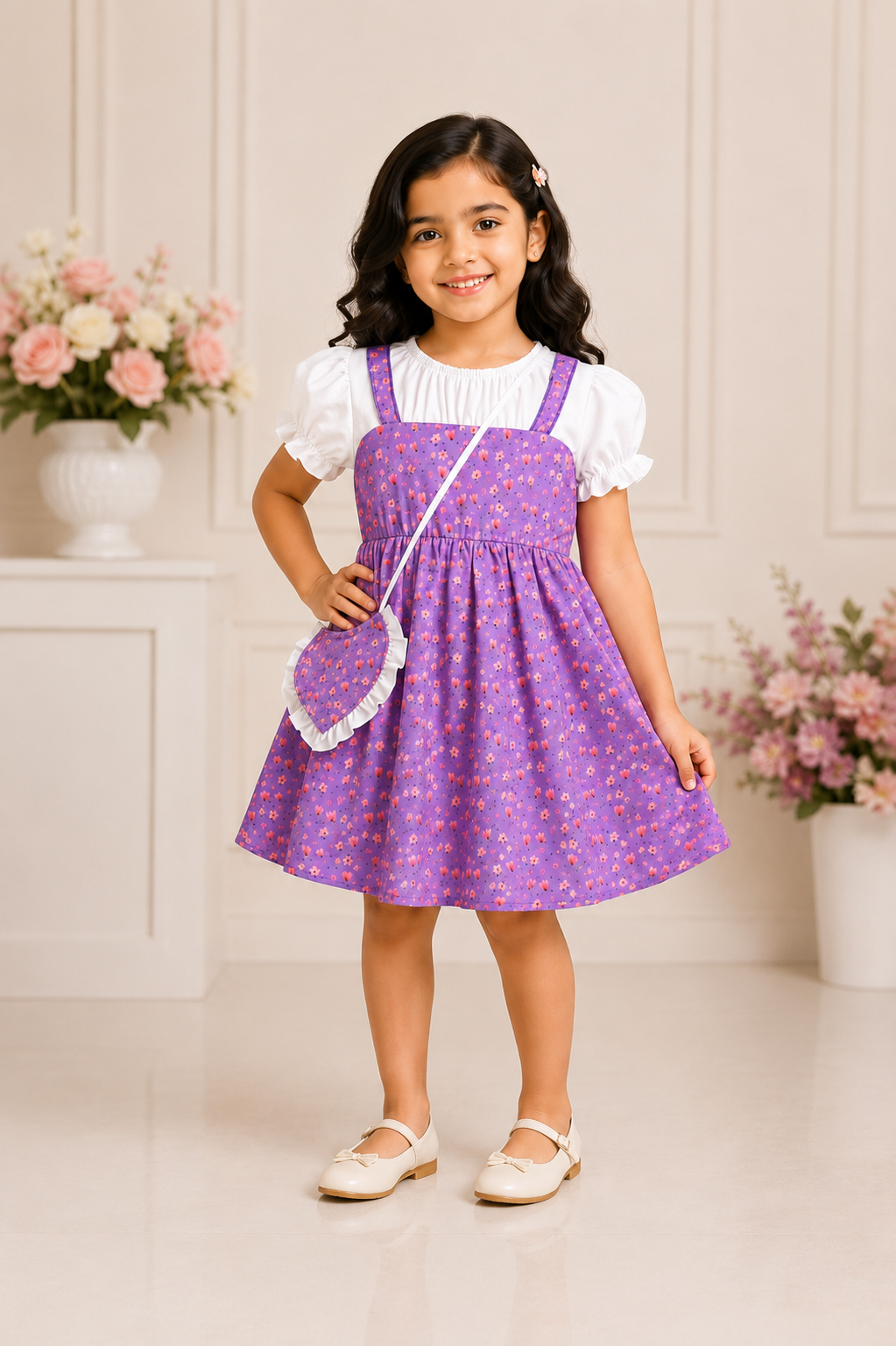 Purple floral print baby girl dress set with puff sleeve white top and strappy frock