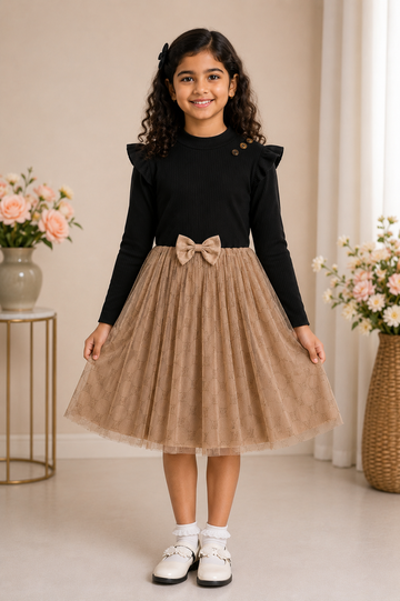 Chic Black & Beige Baby Girl Dress – Ribbed Full Sleeve Dess For Girls