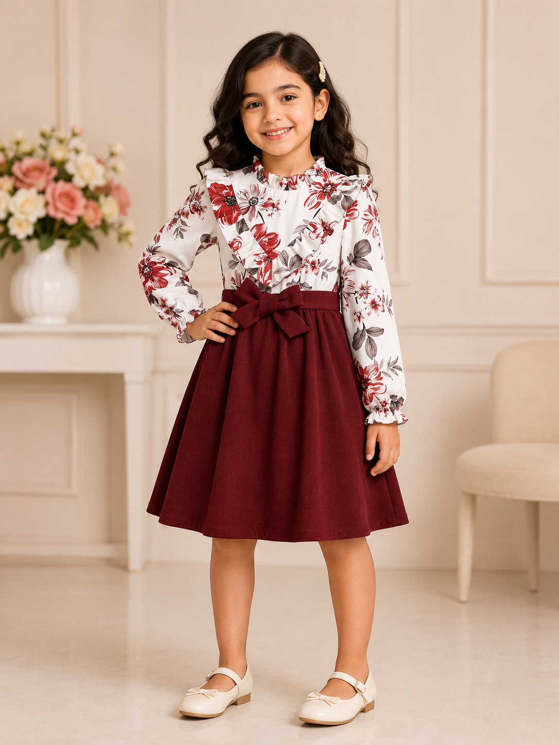 Maroon and floral long-sleeve dress for girls with ruffle neckline and belted waist