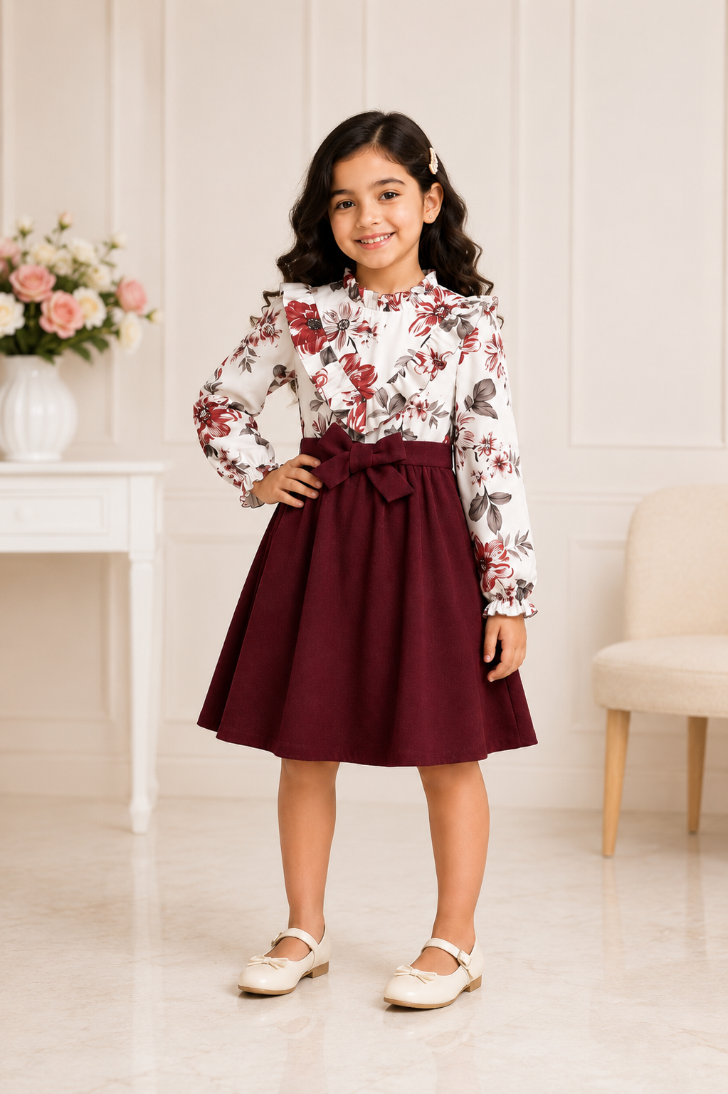 Maroon and floral long sleeve dress for girls with ruffle neckline and belted waist