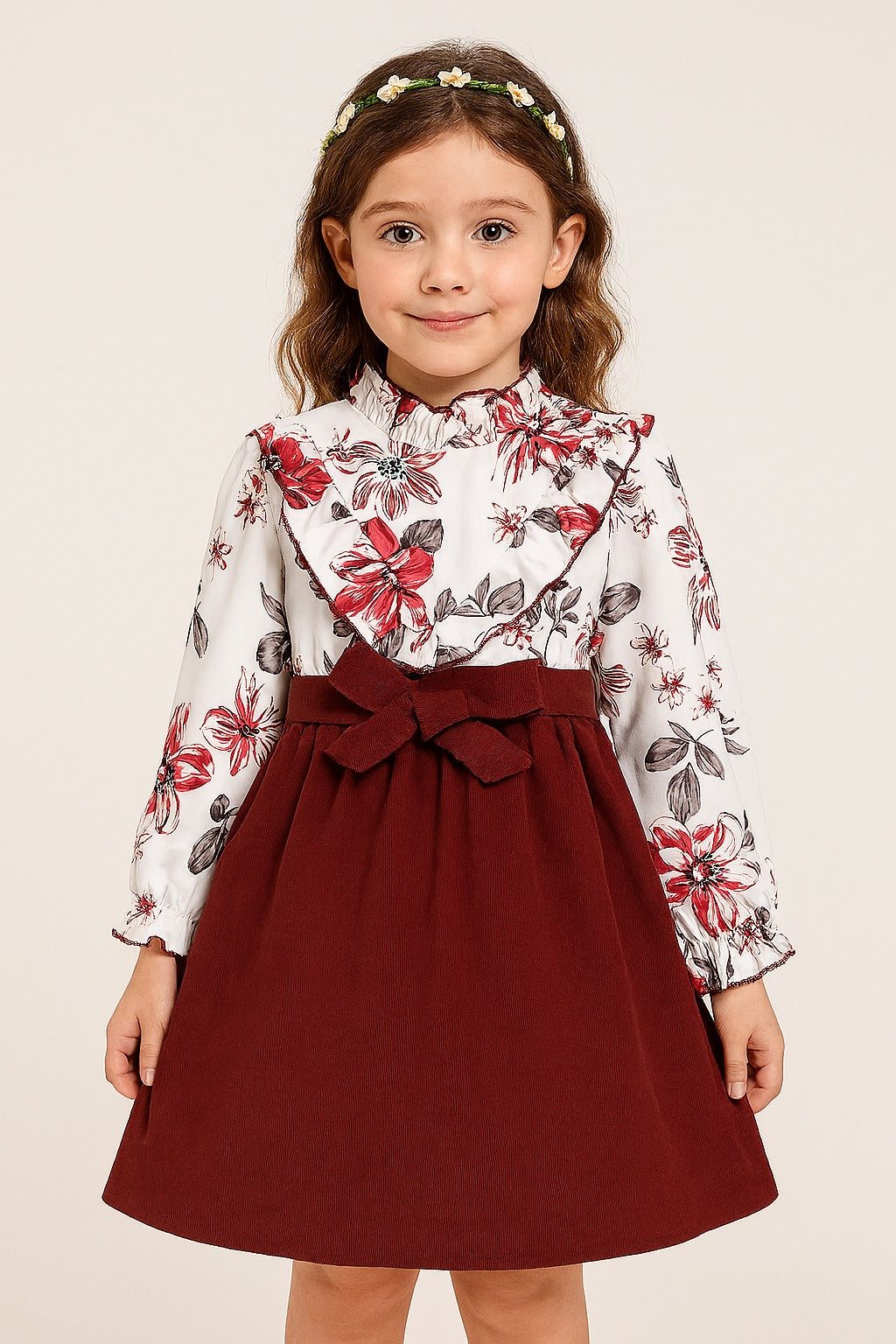 Elegant Maroon & Floral Long Sleeve Dress for Girls – Ruffle Neckline with Belted Waist Dess - Inayah Fashion