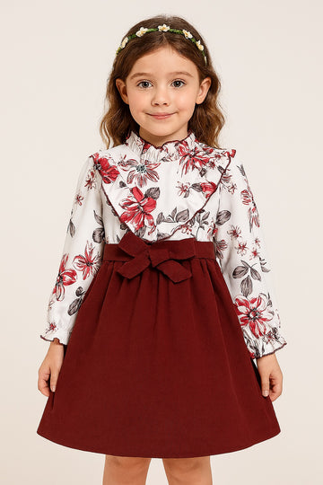 Elegant Maroon & Floral Long Sleeve Dress for Girls – Ruffle Neckline with Belted Waist Dess - Inayah Fashion
