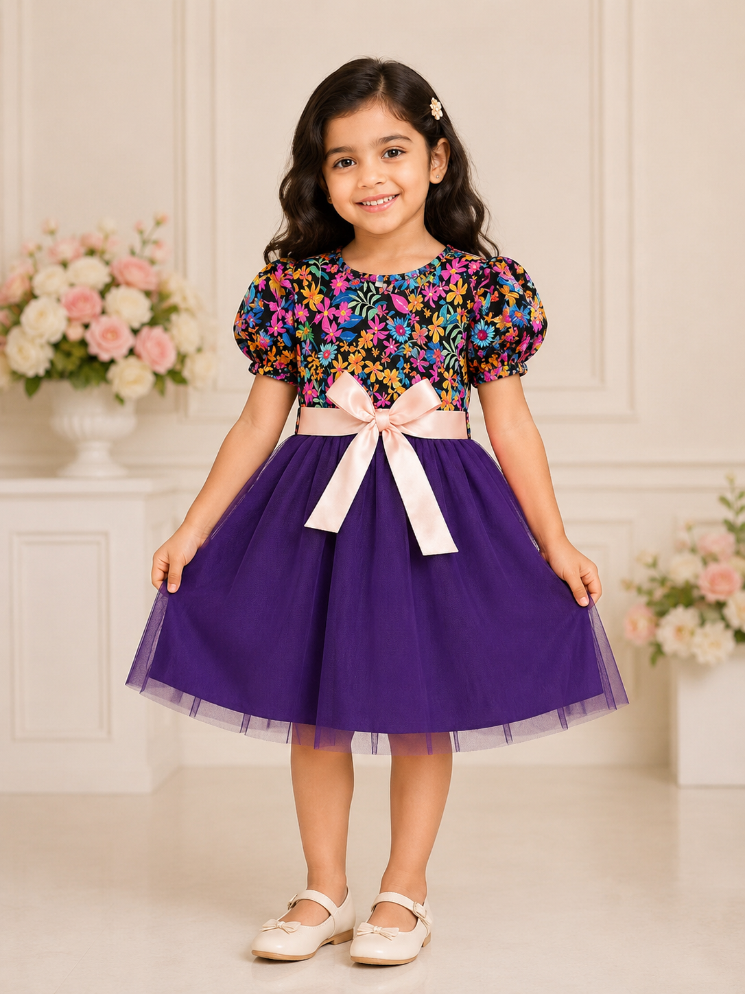Girls floral frock with purple net skirt and pink bow belt