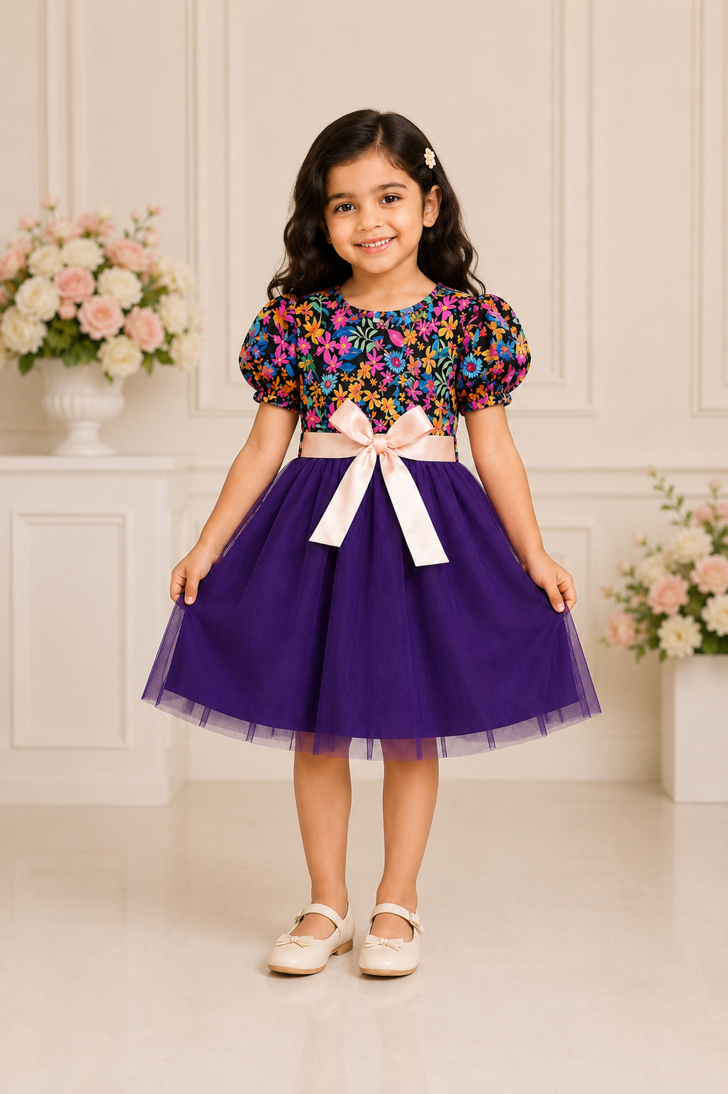 Girls multicolor floral party frock with purple net bottom and bow