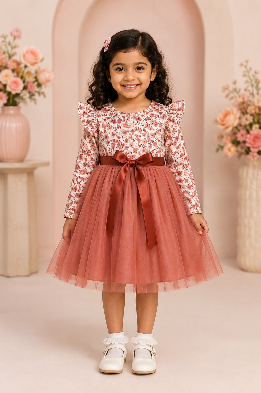 Rust floral top with tutu skirt baby girl dress and matching headband