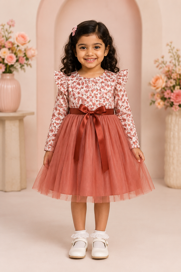 Rust Floral Tulle Party Dress for Baby Girls – Long Sleeve Frock with Ruffle Shoulders, Satin Bow Dress