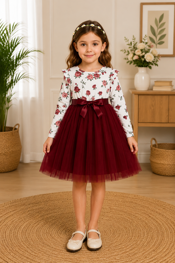 Burgundy tulle party dress for girls with floral long-sleeve top and satin bow
