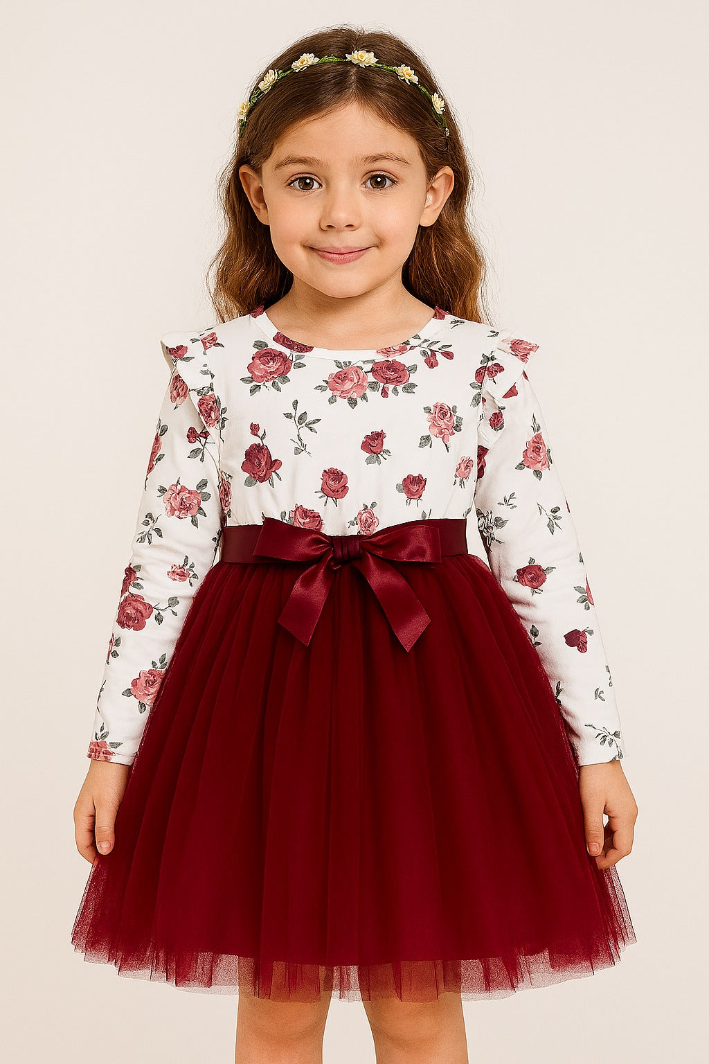 Elegant Burgundy Tulle Party Dress for Girls – Floral Print Long Sleeve Bodice with Satin Bow Waist - Inayah Fashion