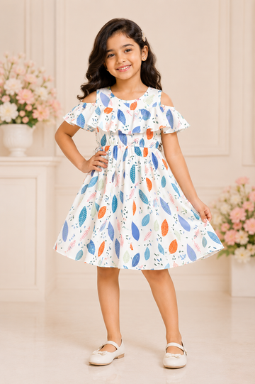 Tropical Leaf Print Cold Shoulder Summer Dress for Girls – Lightweight Sleeveless Casual Frock