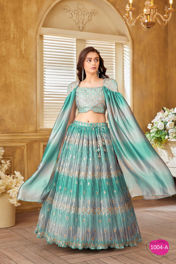 Teal Blue Ombre Lehenga Choli Set for Girls – Designer Cape Sleeve Blouse with Sequins Skirt - Inayah Fashion