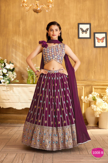 Royal Plum Embroidered Lehenga Set with Dupatta-Festive dress for girls