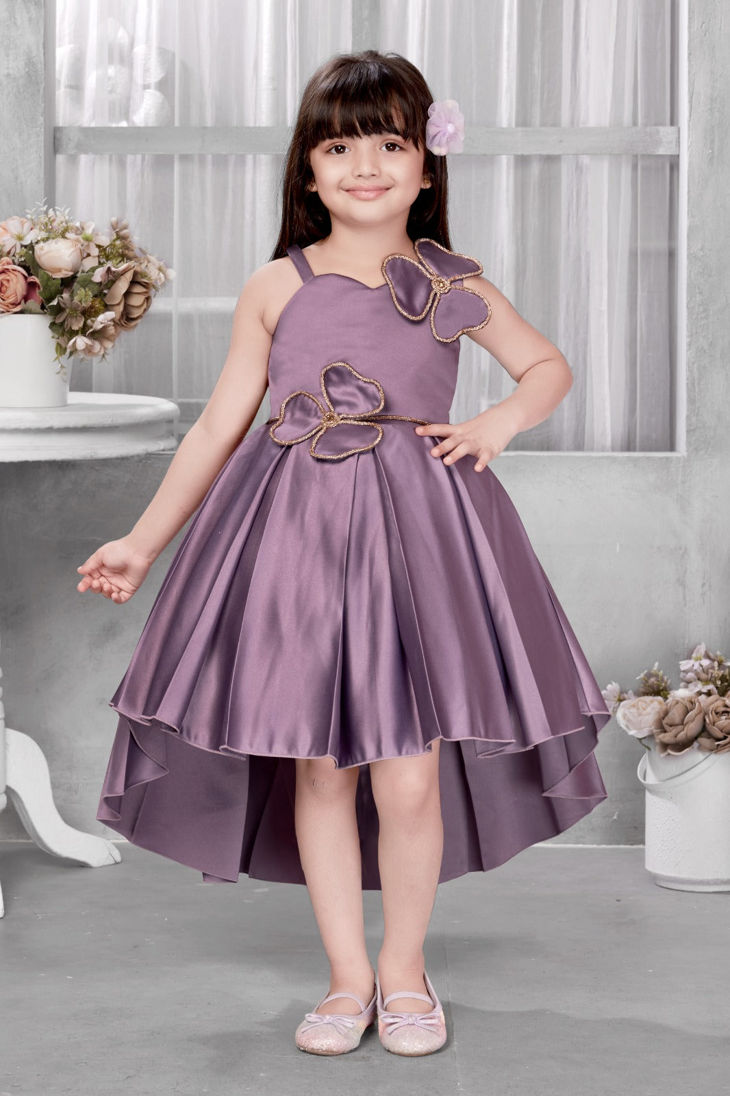 Luxury Lilac High-Low Satin Party Dress with 3D Butterfly Applique Dress - Inayah Fashion