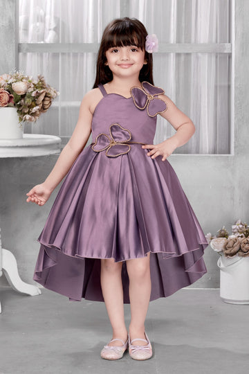Luxury Lilac High-Low Satin Party Dress with 3D Butterfly Applique Dress - Inayah Fashion