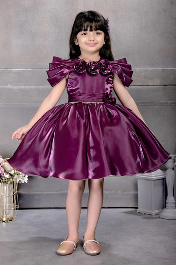 Royal Plum Satin Party Dress for Girls with 3D Floral Neckline & Statement Ruffle Sleeves Dress - Inayah Fashion