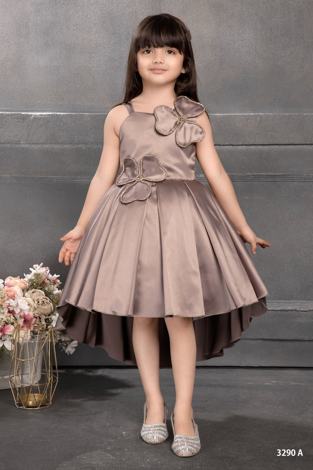 Taupe Satin High-Low Party Dress for Girls with Handcrafted 3D Floral Appliques,Sleeveless Elegant Western Gown - Inayah Fashion