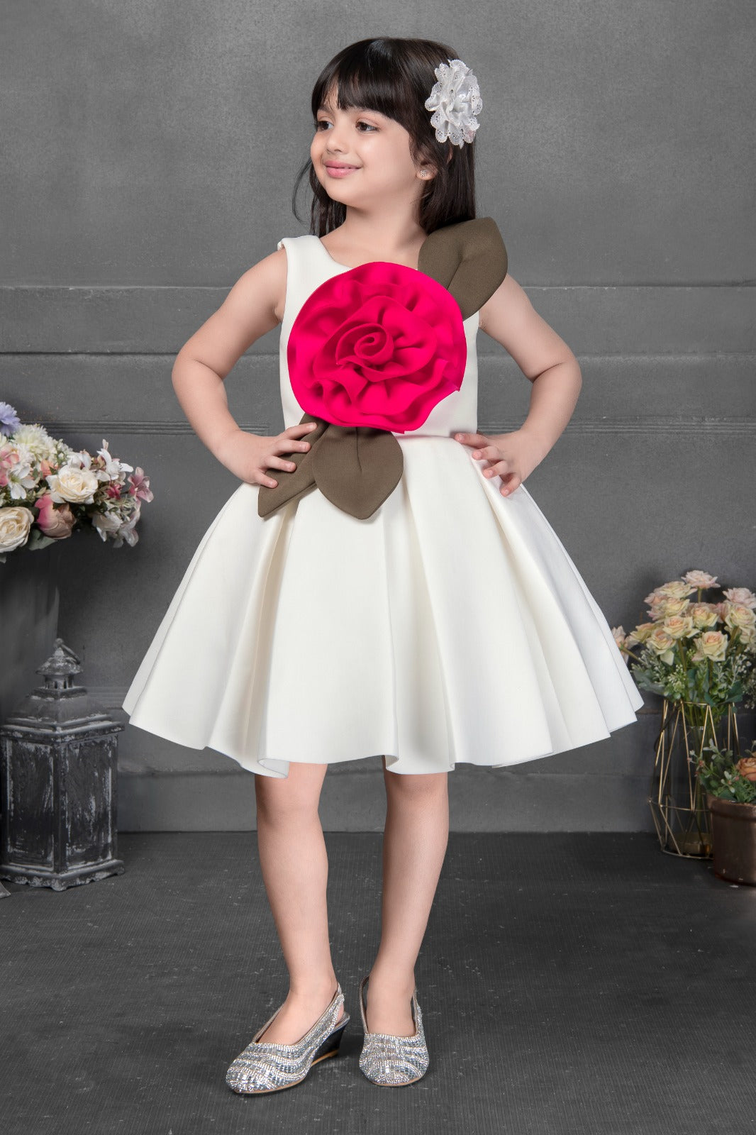 White Sleeveless Fit & Flare Dress for Girls with Bold 3D Rose Flower & Leaf Accent Dress - Inayah Fashion