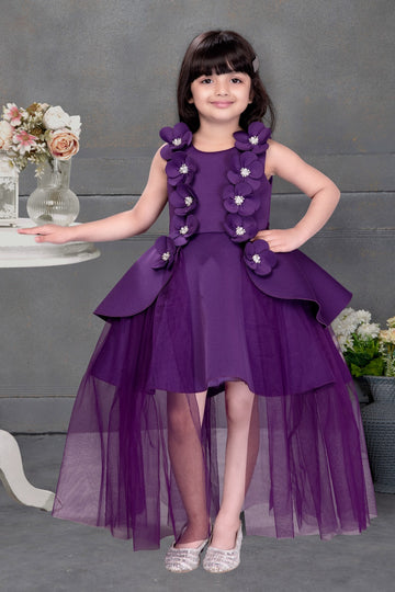 Royal Purple High-Low Gown for Girls | 3D Floral Embellished Sleeveless Party Dress with Peplum Waist & Net Trail - Inayah Fashion