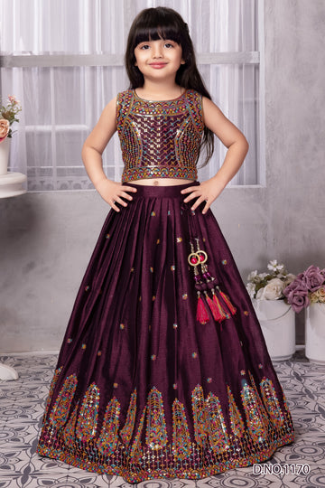 Girls' Premium Wine Embroidered Lehenga Choli Set-Festive Dresses for girls