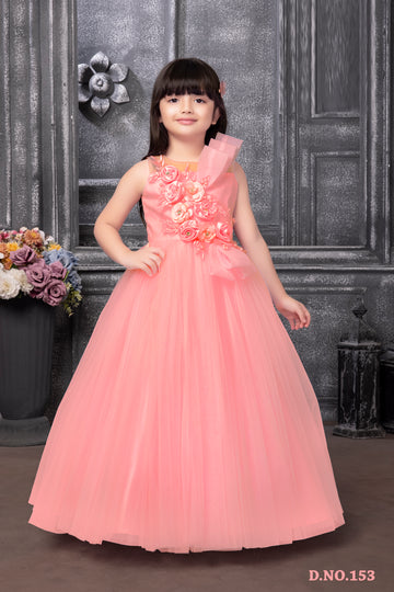 Coral Pink Floral Embellished Princess Party Gown for Girls