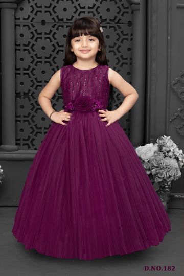 Girls Wine Purple Tulle Party Gown with Floral Waist Detail-Birthday dress for girls