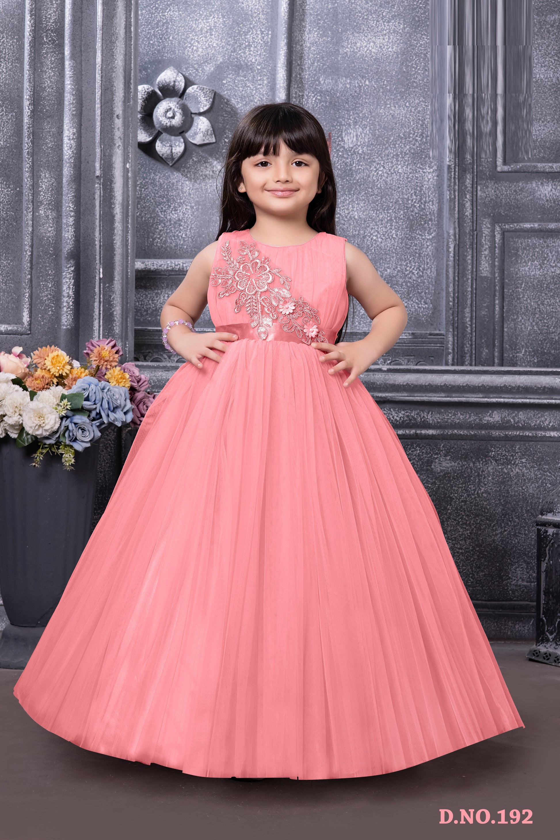 Girls’ Peach Pink Floor-Length Party Gown with Floral Embroidery
