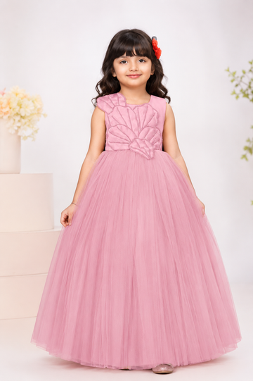 Baby pink designer gown for girls with 3D leaf embroidery and net skirt