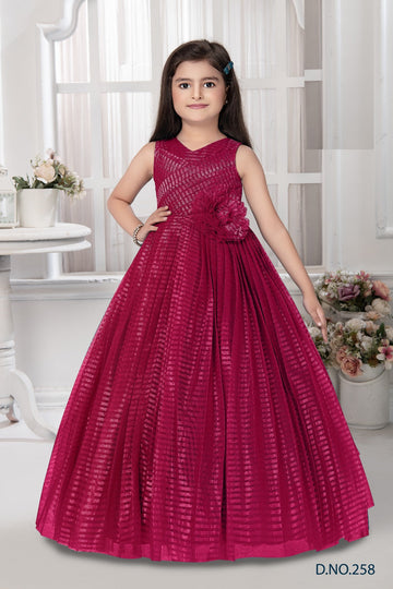 Girls Partywear Gown – Sleeveless Maroon Flared Dress with Floral Waist - Inayah Fashion