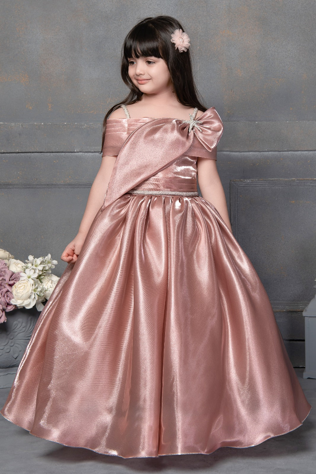 Luxury Rose Gold Satin Gown for Girls with Off-Shoulder Design, Elegant Party Wear Dress - Inayah Fashion