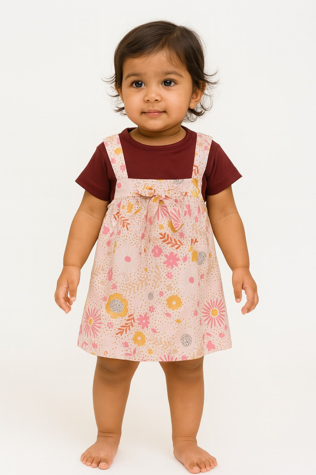 Floral pinafore baby girl dress set with solid inner tee