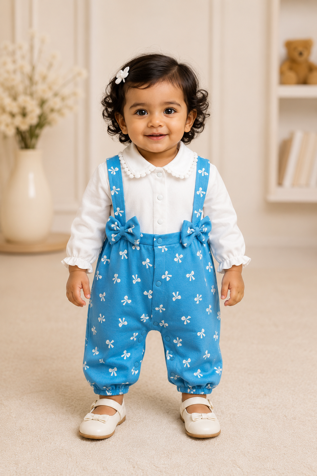 Bow-print baby girl romper with Peter Pan collar and long sleeves
