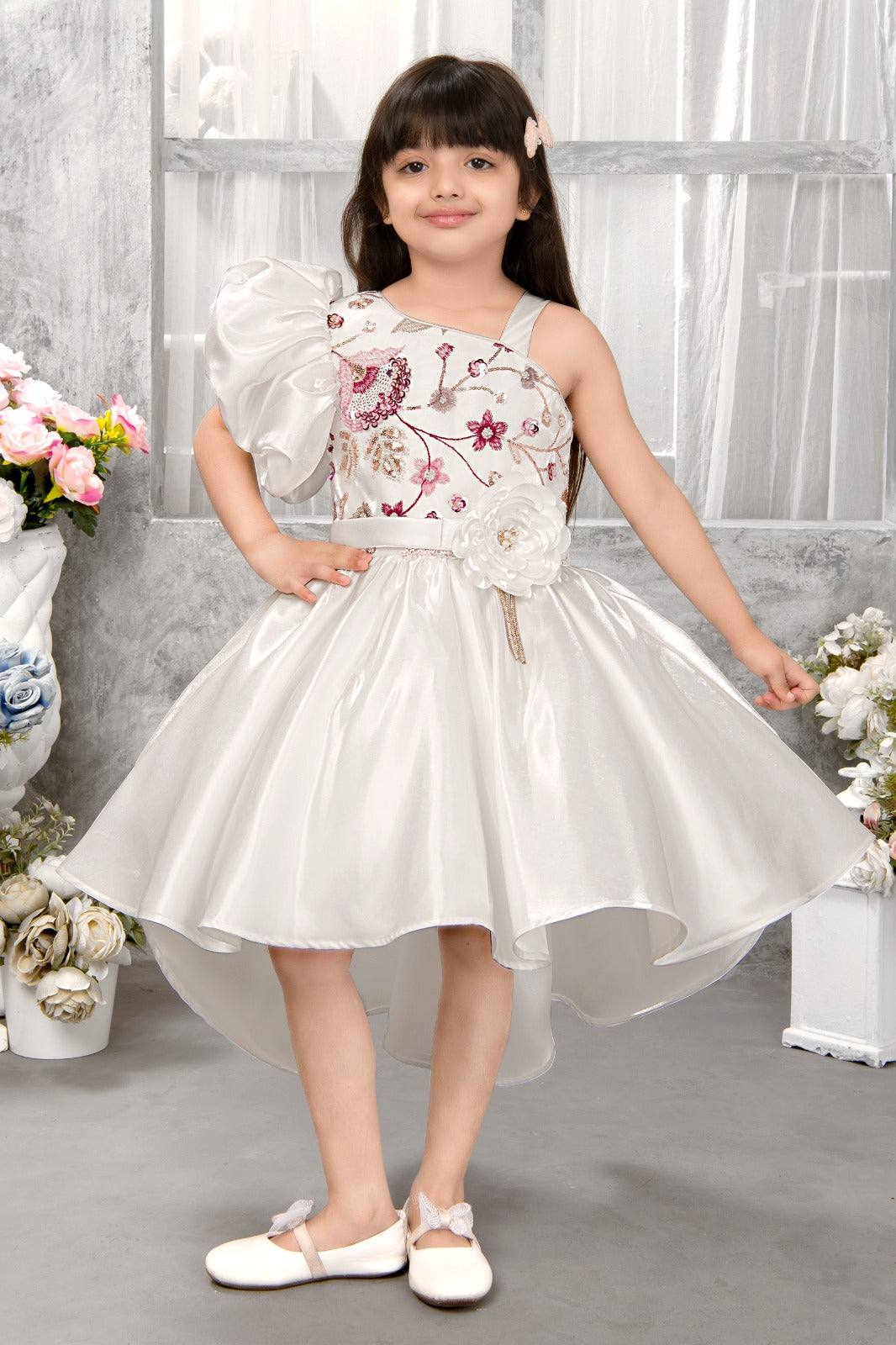 Pearl Shine One-Shoulder Party Dress with Floral Embroidery for Girls - Inayah Fashion