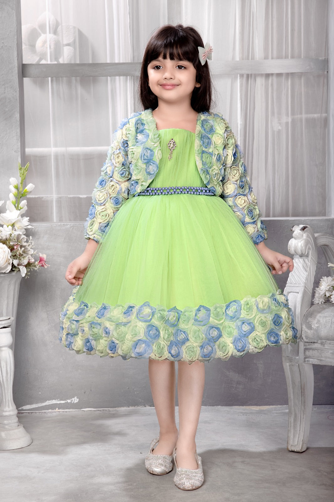 Blossom Garden Green Tulle Party Dress with 3D Blue Floral Jacket – For Girls - Inayah Fashion