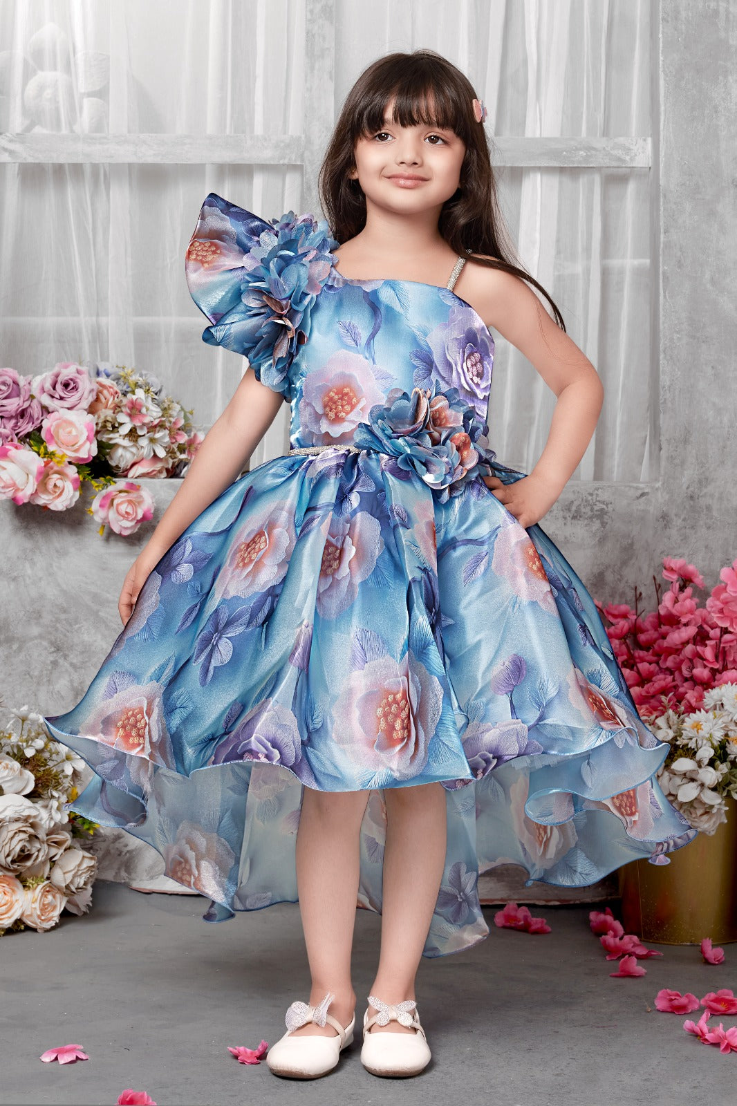 Midnight Bloom One-Shoulder Floral Satin Party Dress – Blue & Lilac - Inayah Fashion