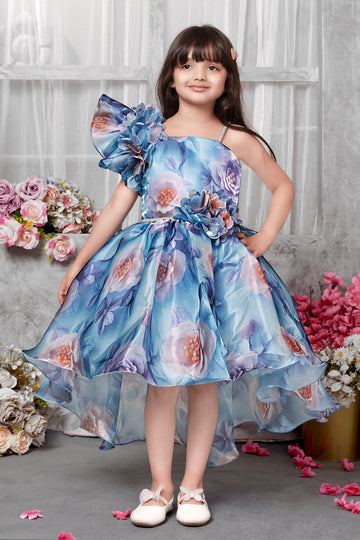 Midnight Bloom One-Shoulder Floral Satin Party Dress – Blue & Lilac - Inayah Fashion