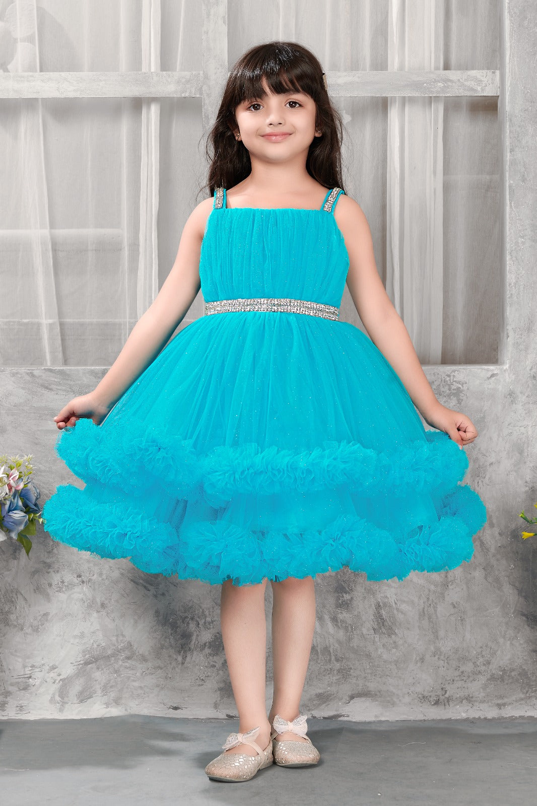 Premium Turquoise Blue Partywear Tutu Frock for Girls with Sequin Belt & Floral Layered Net - Inayah Fashion