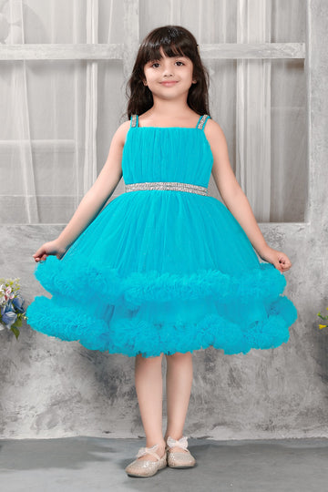 Premium Turquoise Blue Partywear Tutu Frock for Girls with Sequin Belt & Floral Layered Net - Inayah Fashion