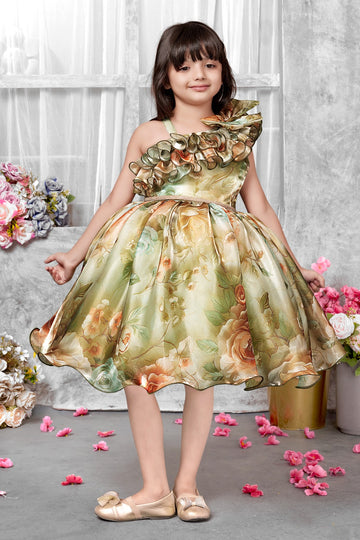 Designer One-Shoulder Frill Satin Dress for Girls | Vintage Floral Golden Green Frock with Layered Ruffle & Sequin Waistband - Inayah Fashion