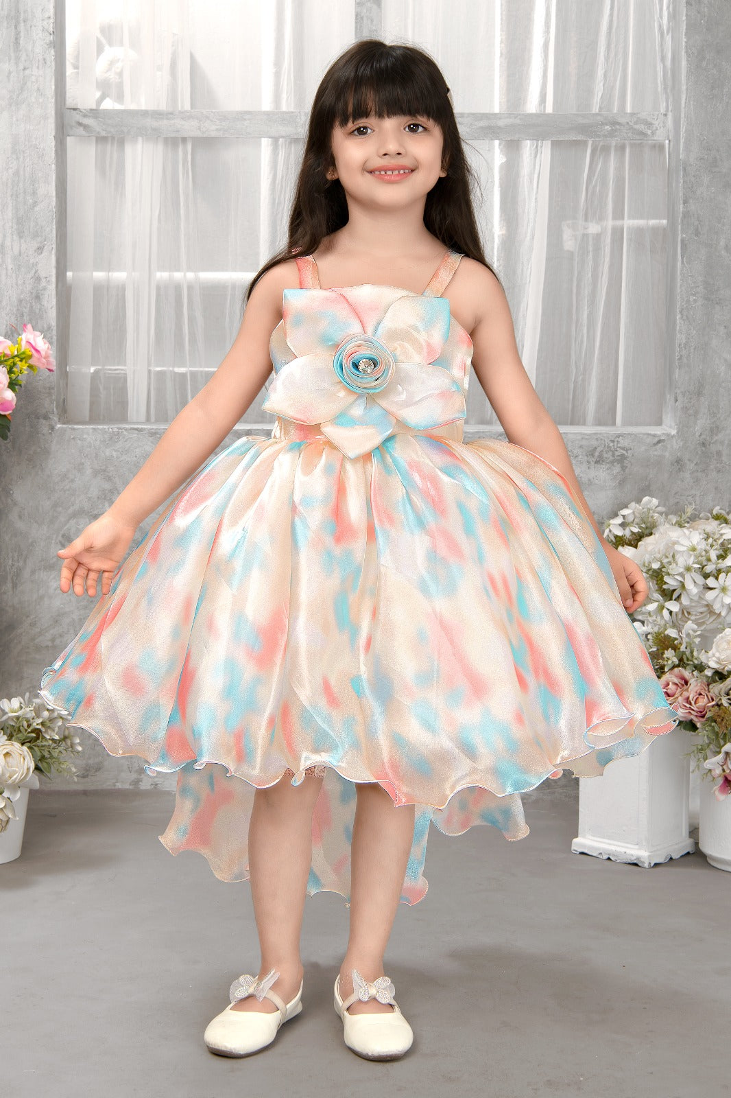 Pastel Multicolor High-Low Party Dress for Girls | Organza Frock with Oversized Flower Bow & Elegant Sleeveless Design - Inayah Fashion
