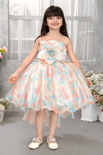 Pastel Multicolor High-Low Party Dress for Girls | Organza Frock with Oversized Flower Bow & Elegant Sleeveless Design - Inayah Fashion