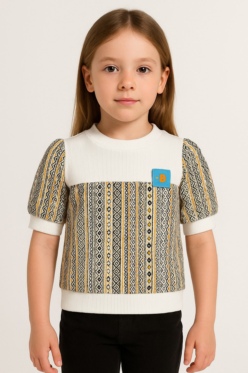 Girls Winter Sweatshirt – White Ribbed Yoke with Yellow & Black Geometric Aztec Print - Inayah Fashion