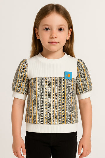 Girls Winter Sweatshirt – White Ribbed Yoke with Yellow & Black Geometric Aztec Print - Inayah Fashion