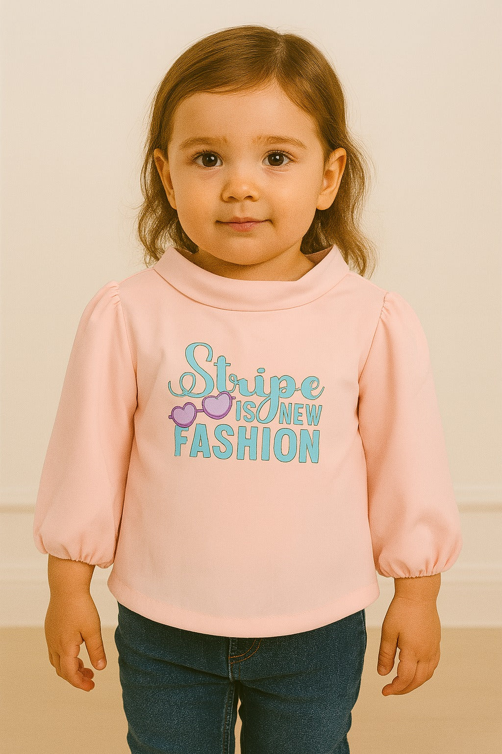 Girls Pink Full Sleeve Top with "Stripe is New Fashion" Print - Inayah Fashion