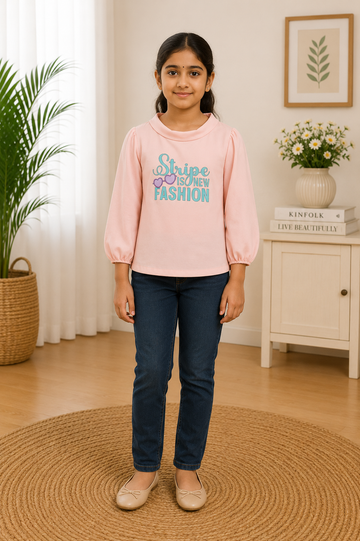 Girls Pink Full Sleeve Top with "Stripe is New Fashion" Print
