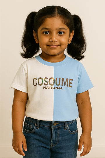Girls Blue & White Half-Half T-Shirt with "COSOUME NATIONAL" Print - Inayah Fashion