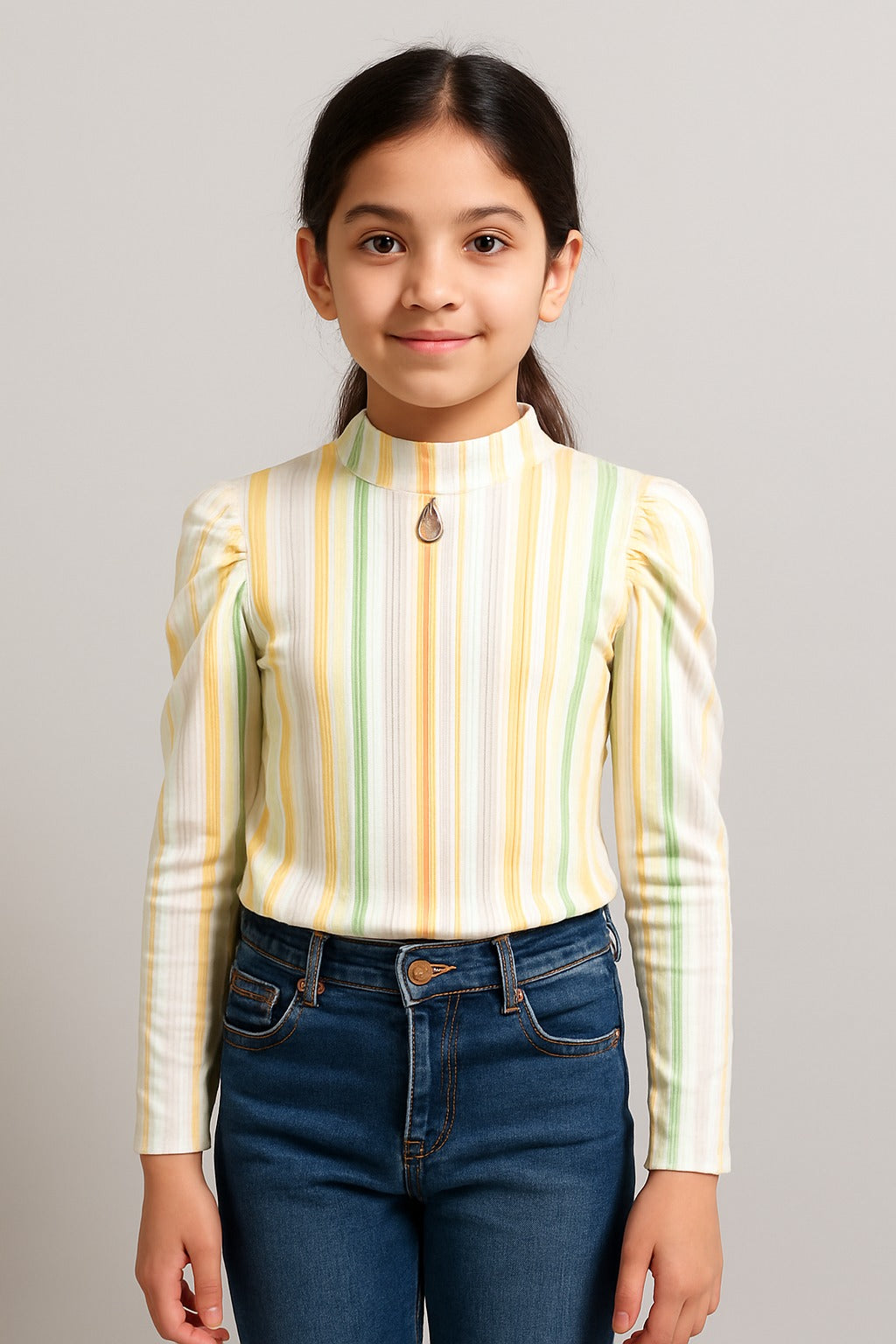 Girls Full Sleeve Yellow-Green Striped Ribbed Top with Keyhole Neck - Inayah Fashion